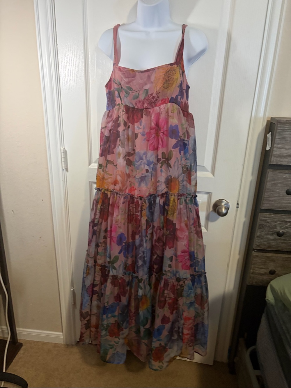 Francesca's Collections Pink Floral Tiered Maxi Dress